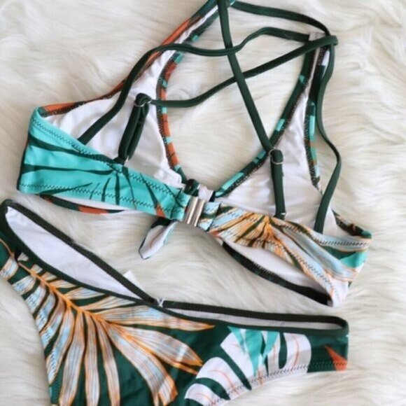 NEW Green Leafy Tropical Print High Leg Cut Bikini Swim Set Size Large - Picture 7 of 9